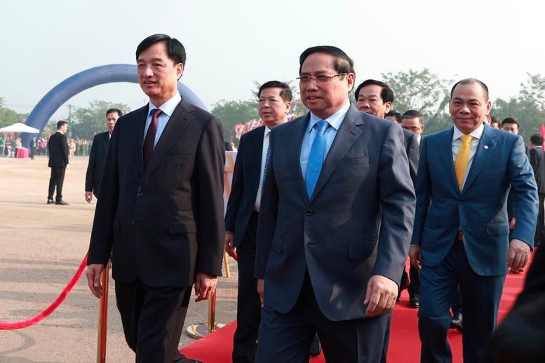 Thủ tướng Chính phủ Phạm Minh Chính, Bí thư Thành ủy Hà Nội Nguyễn Duy Ngọc dự Lễ khởi công dự án đầu tư xây dựng khu đô thị thể thao Olympic (xã Thượng Phúc, thành phố Hà Nội) - Ảnh: VGP/Nhật Bắc